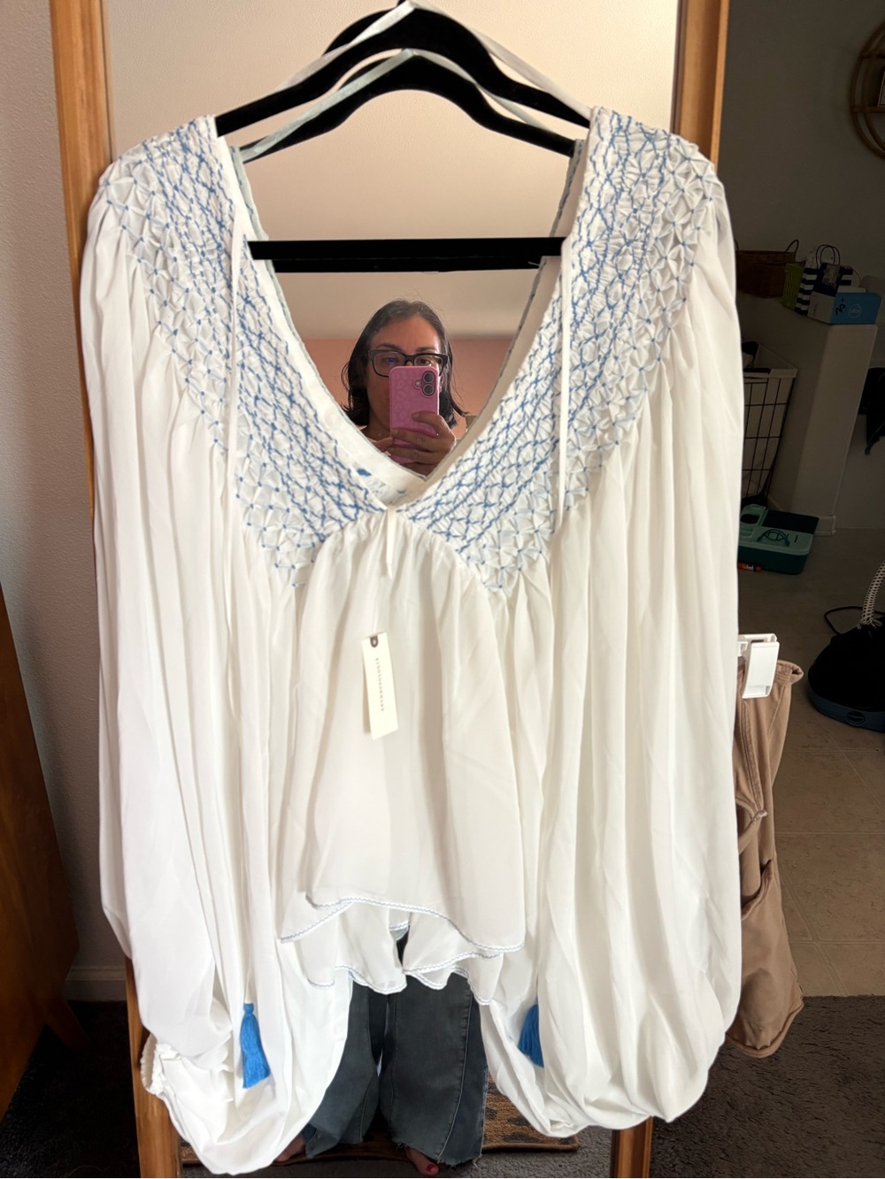 Anthropologie White Tunic with Blue Embroidered Yoke